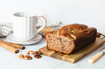 Banana bread loaf with honey and cinnamon