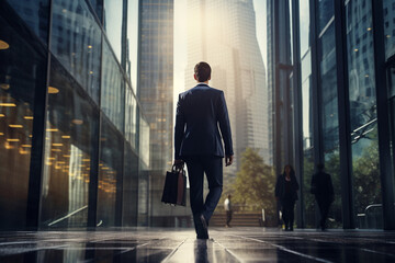 Businessman Walking Amid Corporate Skyscrapers. Man dressed in Business suit going for work. Ai generated - obrazy, fototapety, plakaty