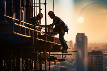 Construction Workers Transforming the Landscape. Scene captures the dedicated efforts of construction workers on a bustling construction site at sunset. Ai generated