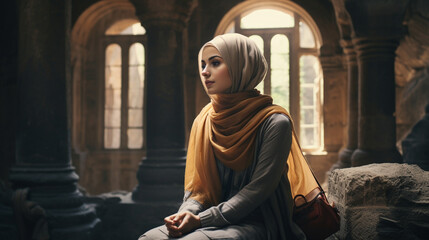 a woman in a hijab travels to the cultural places of the world 