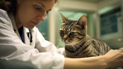 Female veterinarian examining cat