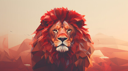 Large male lion, red polygon shape art. 