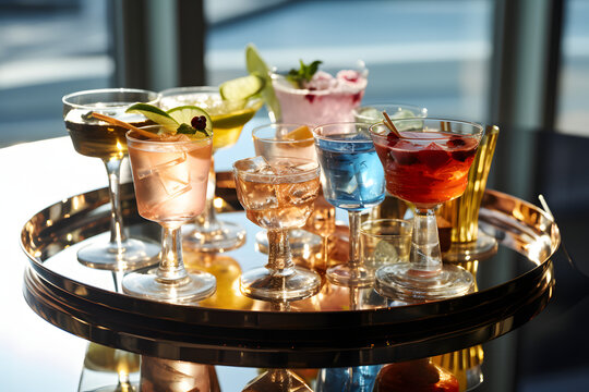 An assortment of cocktail glasses with various drinks arranged on a mirrored tray.