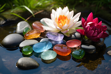 Chakra stones placed in a lotus flower arrangement on a serene pond. - obrazy, fototapety, plakaty