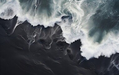 Aerial View of Waves Crashing on Black Sand. Generative AI