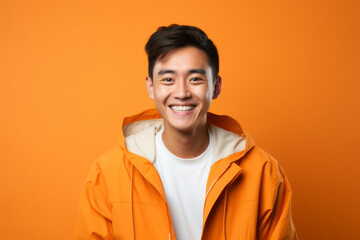 Fototapeta premium Smiling Asian Man with a Cute Portrait on Orange Studio Background