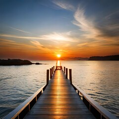 Obraz premium sunset over a pier on a lake.