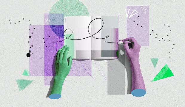 Person writing in a notebook - Photo collage design