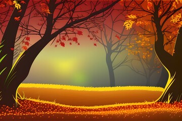 Leaves falling in Autumn. Landscape covered in beautiful colors of Autumn.Digital illustration. Kids Cartoon Backgrounds. Children Story Book illustration. 2d illustration. Generative AI