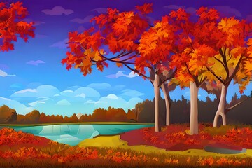 Leaves falling in Autumn. Landscape covered in beautiful colors of Autumn.Digital illustration. Kids Cartoon Backgrounds. Children Story Book illustration. 2d illustration. Generative AI