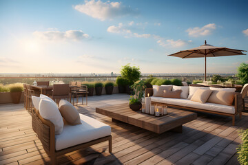 Rooftop terrace with outdoor seating panoramic views and stylish design.