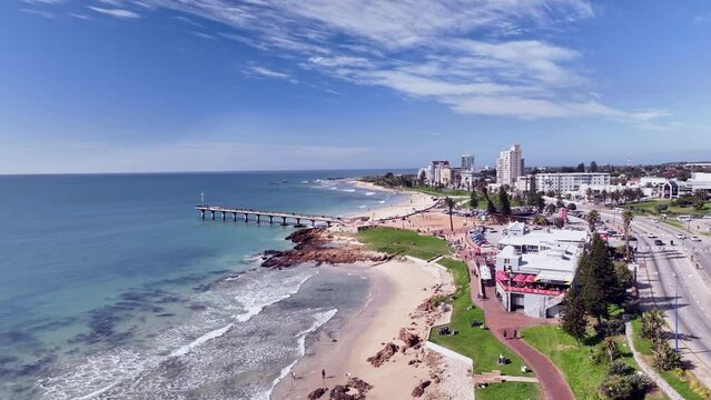 Aerial view of coastal town shot from drone 
