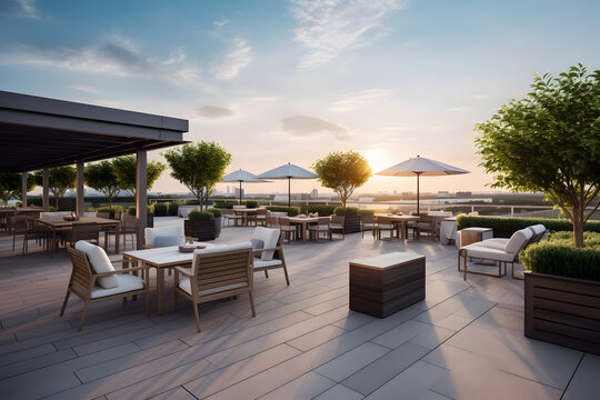 Rooftop terrace with outdoor seating panoramic views and stylish design.