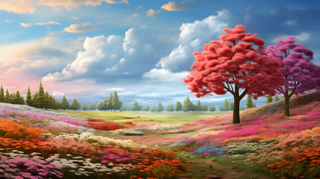 Spring season with colorful flowers and trees in a pretty meadow or field
