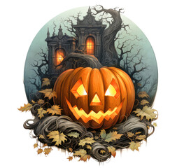 Glowing Halloween pumpkin sitting atop a pile of autumn leaves, with an eerie haunted house behind it, storybook style illustration isolated on white background. Generative AI