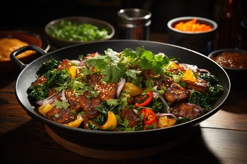 Moo Pad Kamin: Experience the enticing flavors of Thai-style turmeric pork stir-fry, a perfect blend of savory and aromatic spices.Generated with AI