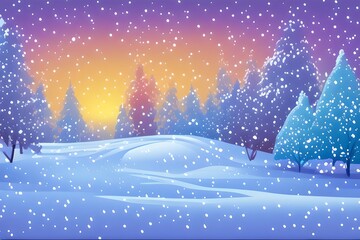 Beautiful snow land. Whimsical Landscape in winter with snow. Magical evenings in winter under snowfall. Digital illustration. Kids Cartoon Backgrounds. Children Story Book 2d illustration. 