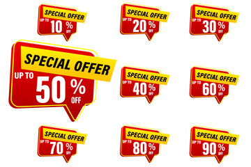 Discount price tag, Price 10 20 30 40 50 60 70 80 90 percent, Red and yellow Special offer promotion sticker badge set for shopping marketing, advertisement clearance, element, Vector illustration