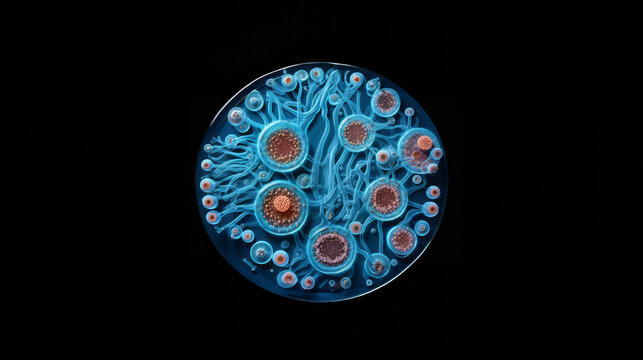 An intricate view of the insides of an organism or embryo contained within the cell wall, through a microscope. Stylized and colourized interpretation.