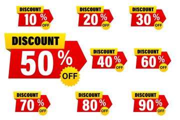 Discount price tag, Price 10 20 30 40 50 60 70 80 90 percent, Red yellow promotion sticker badge set for shopping marketing and advertisement clearance sale, special offer element, Vector illustration