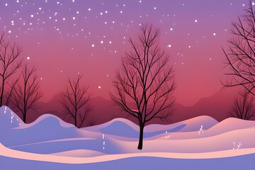 Beautiful snow land. Whimsical Landscape in winter with snow. Magical evenings in winter under snowfall. Digital illustration. Kids Cartoon Backgrounds. Children Story Book 2d illustration. 
