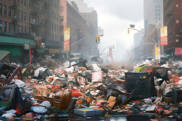 Modern city street swamped with trash, an over-exaggerated illustration of a potential environmental dystopia