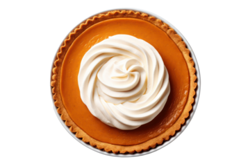 Thanksgiving pumpkin pie isolated on white transparent background, top view, PNG
