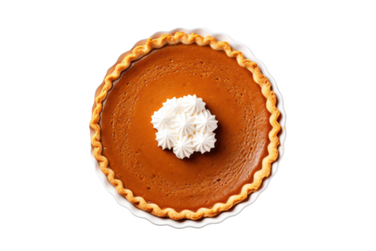 Pumpkin pie isolated on white transparent background, Thanksgiving dessert, top view, PNG