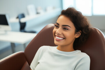 Fototapeta premium Smiling Mexican woman in dental chair