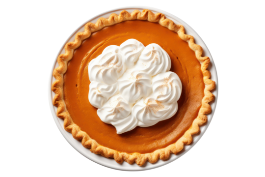 Thanksgiving pumpkin pie isolated on white transparent background, top view, PNG