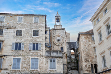 Fototapeta na wymiar Marble ancient roman architecture in city center of town Split. Ancient buildings in Split, Croatia.