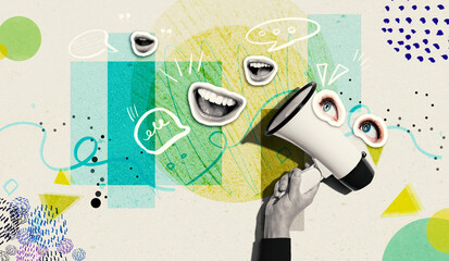 Loudspeaker with human eyes and mouth - Photo collage design - obrazy, fototapety, plakaty