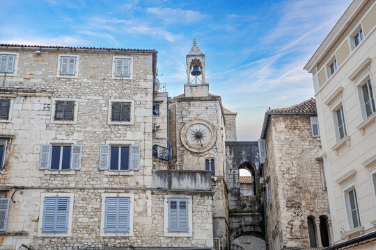 Marble ancient roman architecture in city center of town Split. Ancient buildings in Split, Croatia.