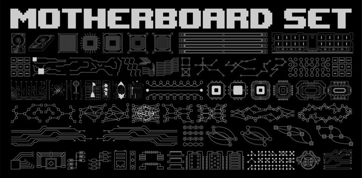 Graphic elements motherboard. Computer system, including a processor, a memory chip, internal connections. Vector graphics set