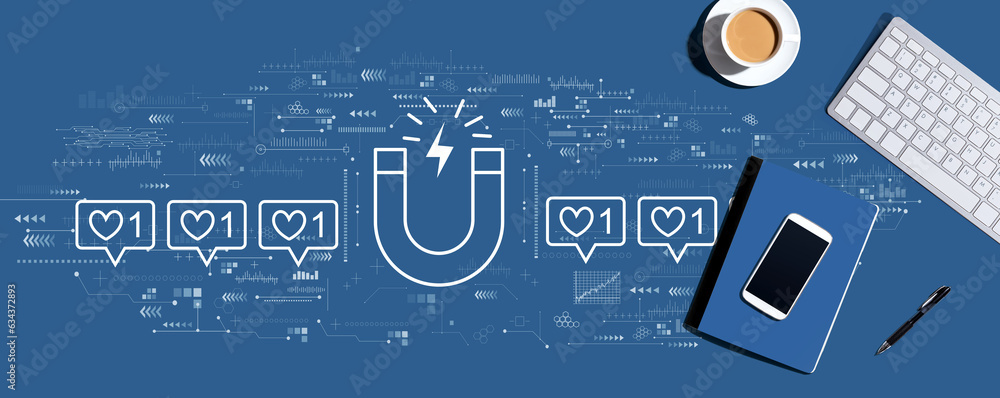 Poster get more likes concept with a computer keyboard and office items