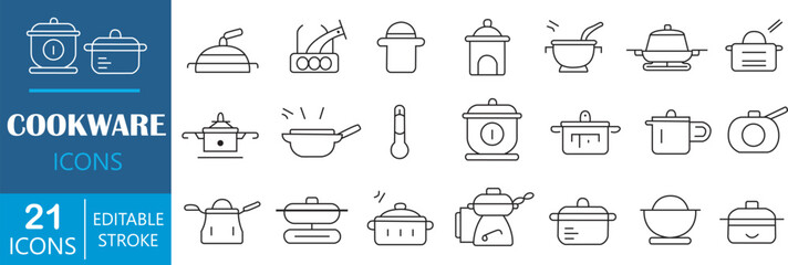 Set of cookware icons. Cookware line icons set. Kitchen equipment icons. Vector illustration. Simple outline sign of cooking utensils.