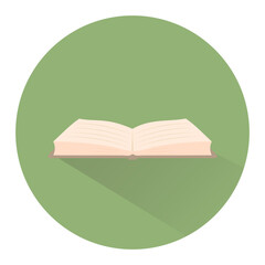 Simple vector book icon in flat style. Open brown book with shadow on green background. Education, school. Vector illustration
