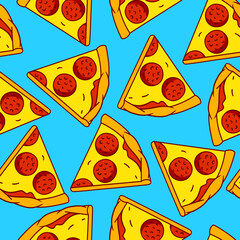 Tasty pizza slices pattern. Delicious fast food meal. Background for cafe menu.