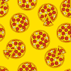 Fototapeta na wymiar Tasty Italian pizza pattern. Delicious fast food meal. Background for cafe menu.