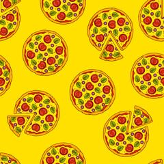 Fototapeta na wymiar Tasty Italian pizza pattern. Delicious fast food meal. Background for cafe menu.