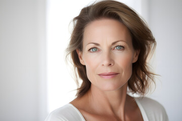 adult attractive woman smiling, about 50 years old on a plain background, studio light, portrait, beautiful aging, AI generated