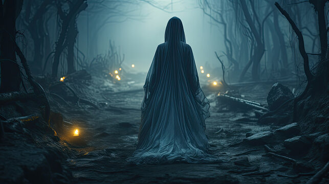 Mysterious woman with white veil walking in the dark forest with a terrifying atmosphere. Halloween concept.