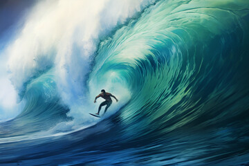 Surfer fearlessly rides a colossal blue wave, capturing a thrilling moment of adrenaline and skill as they conquer the powerful forces of the ocean. Ai generated