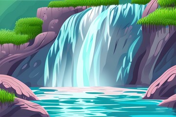 Beautiful waterfalls in forest. Magnificent waterfalls with lush backgrounds. Digital illustration. Kids Cartoon Backgrounds. Children Story Book 2d illustration. Generative AI