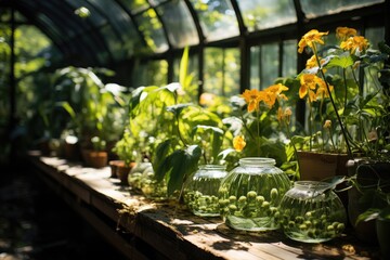 Horticultural Haven: Delving into the World of Exotic, Rare Plants Sheltered in the Crystalline Embrace of a Pristine Glasshouse, as Sunrays Paint an Awe-Inspiring Canvas