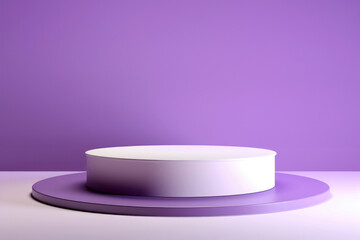 A captivating geometric background with abstract purple hues extends widely behind a glossy white podium, creating an elegant visual harmony for product presentations.