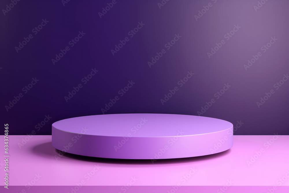 Poster Purple background and the purple round podium placed on a pink table, a charming harmony and elegant impression are created for each product showcased in the presentation.