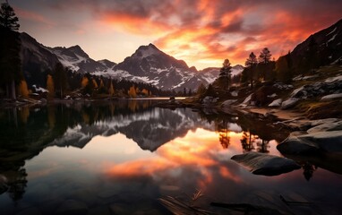 Fototapeta na wymiar Austrian Mountain Lake Sunset. Generative AI