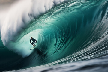 Surfer fearlessly rides a colossal blue wave, capturing a thrilling moment of adrenaline and skill as they conquer the powerful forces of the ocean. Ai generated