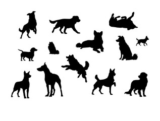 Vector illustration. Silhouettes of dogs of different breeds and sizes. Big set of animals.